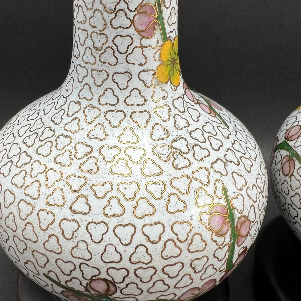 Vintage Cloisonne Vases Cherry Blossom White Pink Yellow Wood Stands Pair 4